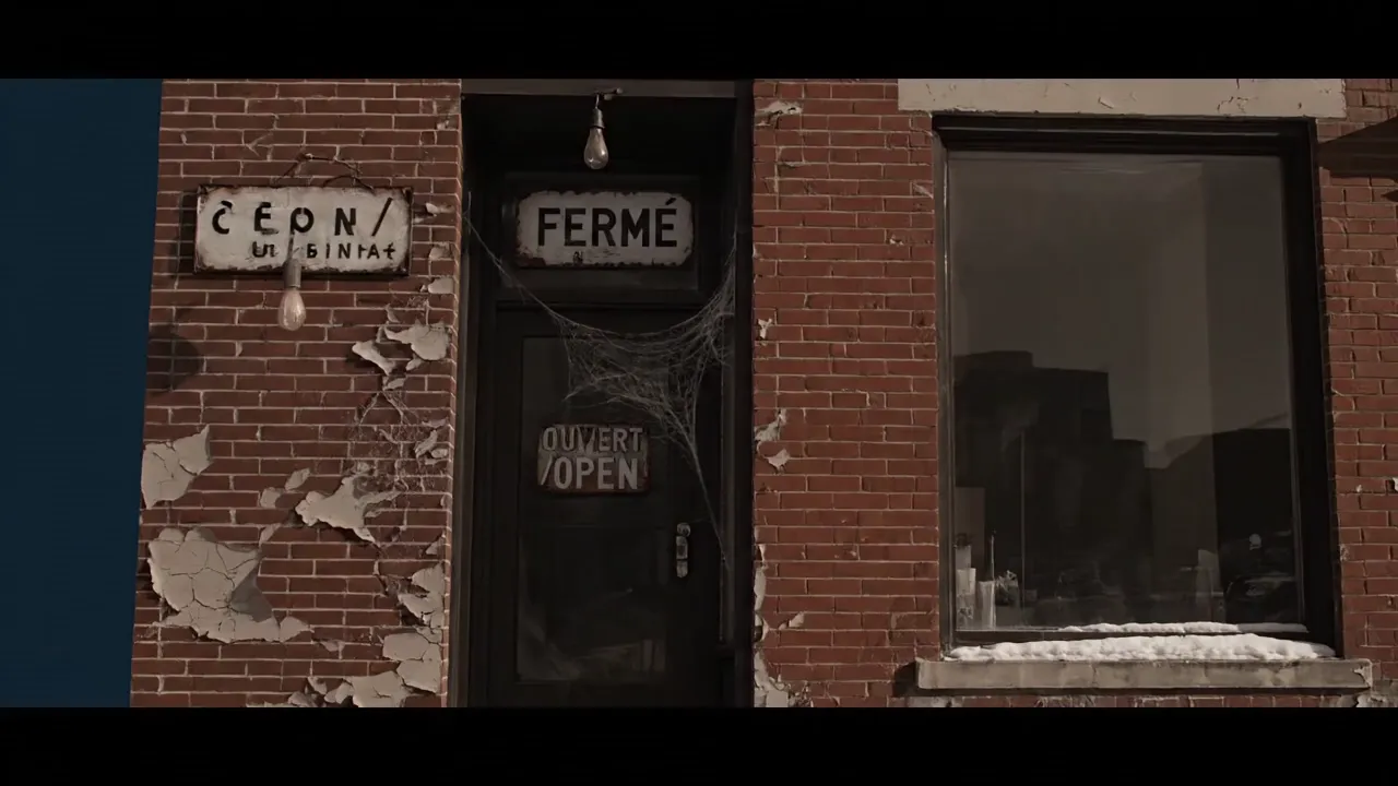 Montreal red-brick storefront renovation metaphor — weathered bilingual signage transforms into a sleek modern Canadian storefront as warm amber light sweeps across