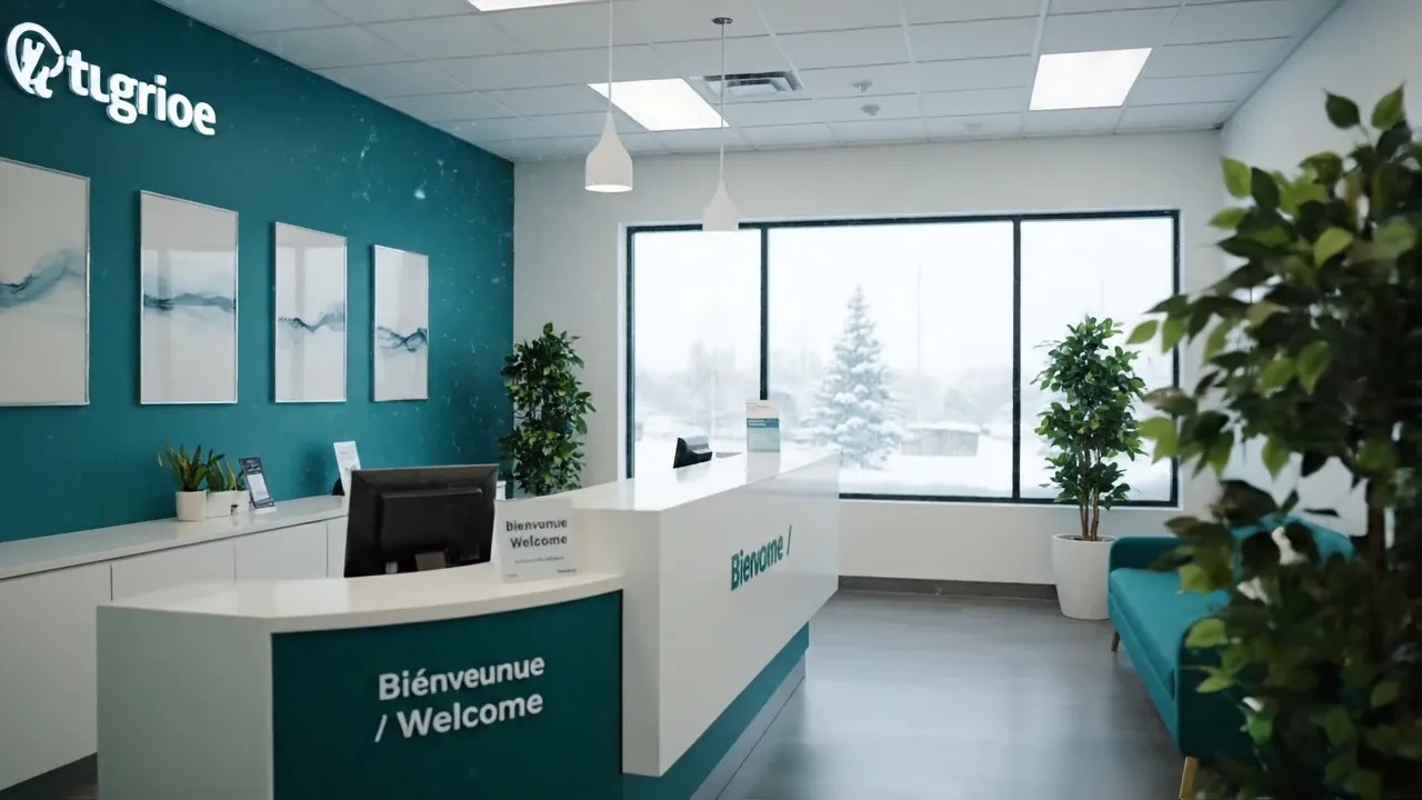 Canadian dental clinic with bilingual welcome sign and winter snow outside — abstract amber light icons floating above representing AI-powered digital tools