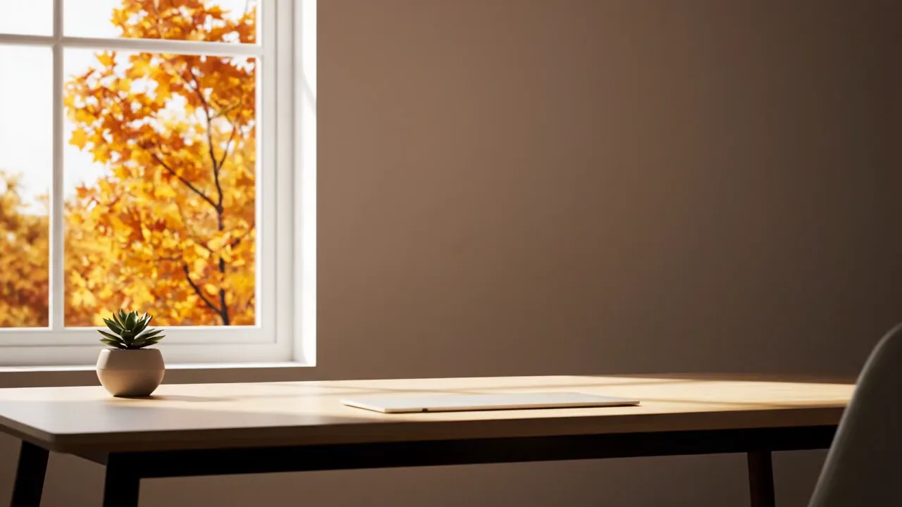 Canadian workspace with autumn maple trees outside — abstract floating canvas with light-hands rearranging bilingual content elements effortlessly
